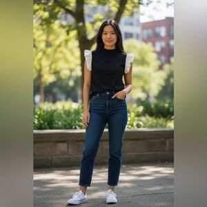 Black Sleeveless Smocked Top with White Ruffle Cap Sleeves | NWOT